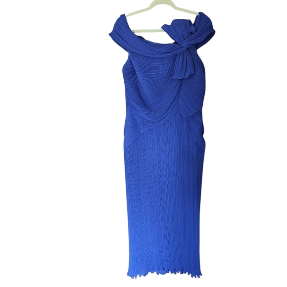 Women's Tadashi Shoji Blue Long Off The Shoulder Bow Evening Gown Dress 16 FLAW - Picture 2 of 12